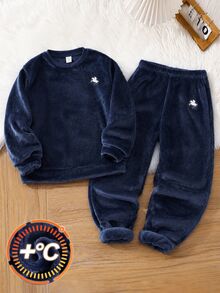 SHEIN 2件組兒童青少年男孩休閒日常百搭舒適圖案圓領長袖上衣與寬鬆睡褲家居服套裝 - 藏蓝色 - 查看 3