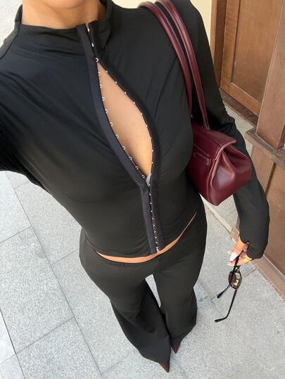 TRNVIE Autumn/Winter Casual Commute Women's Black Knit Elastic Hollow-Out Button Long Sleeve T-Shirt & Low Waist Folded Elastic Flare Pants, Rebel Heiress Commute Teacher's Day Outfit, 2 Pieces Set, Suitable For Casual Commute High Street