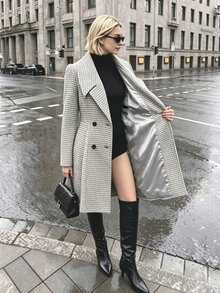 Struktiv معطف صوف كلاسيكي بنقشة هوندستوث مزدوج الصدر بتصميم واسع - رمادي فاتح - مشاهدة 3