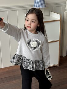 DAZY Sweatshirt Bayi Perempuan (Leher Bulat) Lengan Panjang Motif Kotak-kotak Patchwork Musim Gugur - Grey - View 8