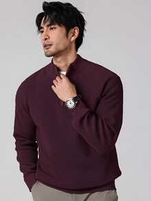 Manfinity Homme 男士純色半拉鍊長袖休閒毛衣 - 酒紅色 - 查看 3