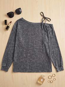 Dazy Plus Letter Print Loose Asymmetrical Cold Shoulder Casual Sexy Top For Girls, Spring Summer Autumn T-Shirt - Grey - View 8