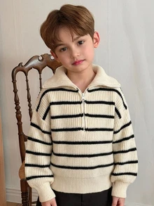 DAZY Young Boy Autumn/Winter Casual Colorblock Striped Sweater - Beige - View 4