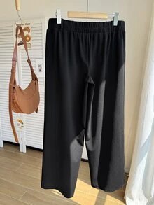 Comfortcana 大尺碼女款休閒鉤扣腰長褲，舒適九分/十分長褲 - 黑色 - 查看 5