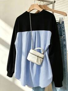 GlowEve CURVE Pullover Wanita Ukuran Besar Musim Gugur/Dingin dengan Motif Garis-Garis Blok Warna, Leher Bulat, dan Satu Saku Samping; Menampilkan Gaya Kasual dan Minimalis untuk Musim Gugur. - Hitam - View 2
