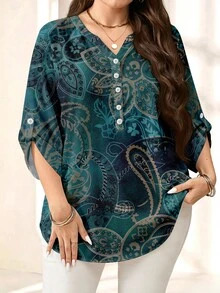 EMERY ROSE Plus Paisley Print Roll Tab Sleeve Blouse - Multicolor - View 1
