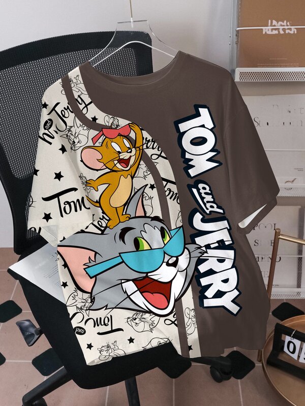 TOM & JERRY X SHEIN Muška ležerna majica kratkih rukava sa okruglim izrezom i printom slova i crtanih likova