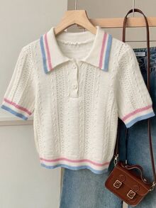 CovetEZ Contrast Trim Polo Neck Knit Top - Multicolor - View 7