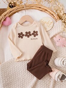 SHEIN 新生兒花卉圖案長袖上衣與長褲休閒日常套裝 - 米色 - 查看 5