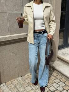 SHEIN Unity 女款純色長袖前拉鍊休閒PU標準版夾克 - 卡其色 - 查看 7