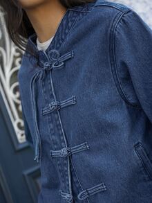Nöista Denim Jacket In Dark Indigo Color With Chinese Buttons And Round Hem. Mandarin, Fall, Winter, Casual, Autumn, Outerwear.  - Medium Wash - View 2