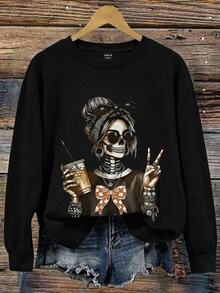 EMERY ROSE Sudadera de hombros caídos con gráfico de figura de calavera talla grande - Negro - Ver 1