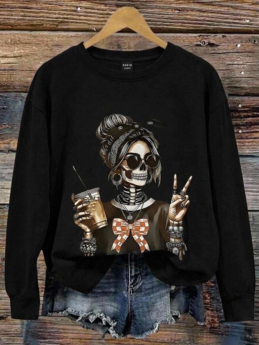 EMERY ROSE Sudadera de hombros caídos con gráfico de figura de calavera talla grande - Negro - Ver 1