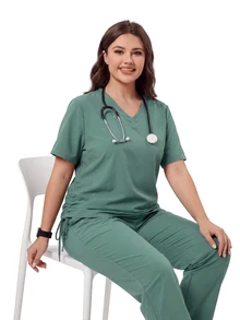 TaskEZ Atasan Seragam Medis Wanita Ukuran Besar Warna Hijau Rumput, Leher V, Lengan Pendek, dengan Detail Kerut dan Tali Serut untuk Memperampingkan Tubuh, serta Desain Hem Melengkung - Hijau - View 5
