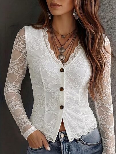 SHEIN Women's Elegant Casual Y2K Romantic Women White Floral Lace Button‑Front Blouse V‑Neck Lace Edge Sheer Long Sleeve Slim‑Fit Going‑Out Casual Fall Top