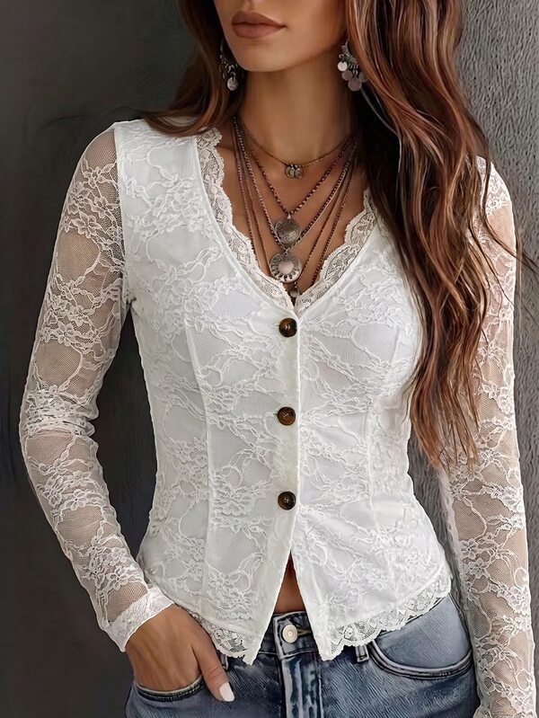 SHEIN Women's Elegant Casual Y2K Romantic Women White Floral Lace Button‑Front Blouse V‑Neck Lace Edge Sheer Long Sleeve Slim‑Fit Going‑Out Casual Fall Top