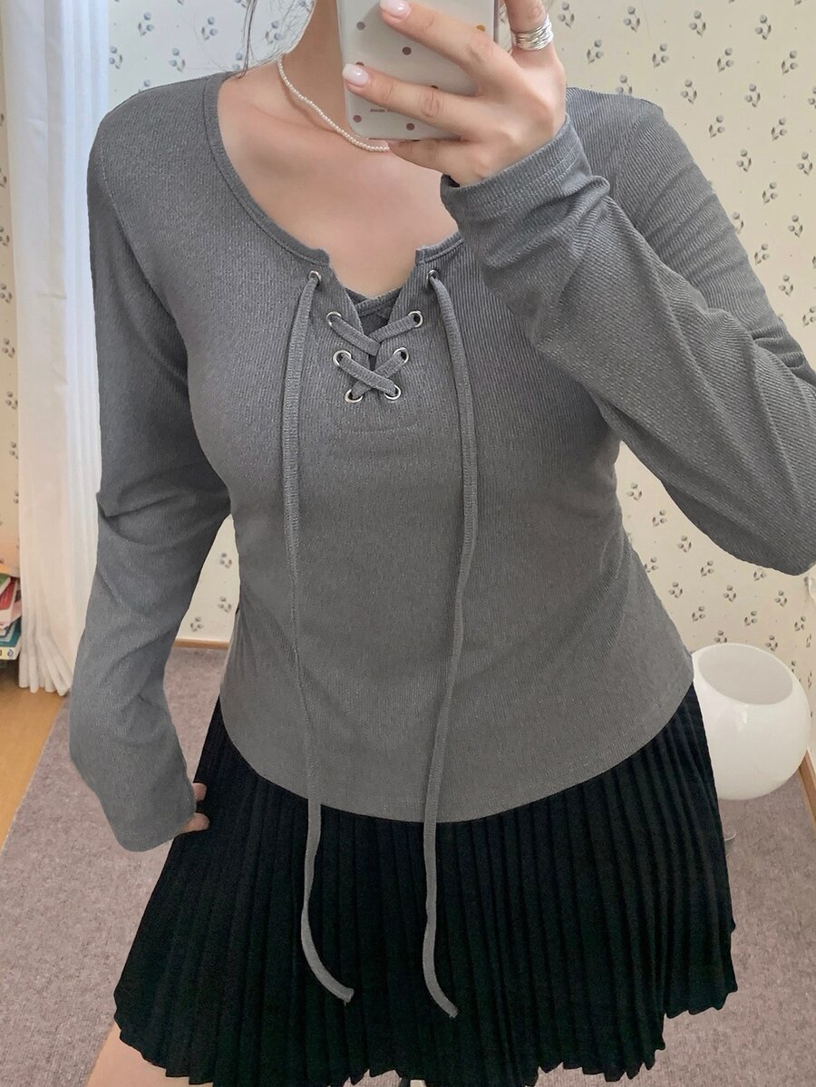 Dazy Plus Atasan Kasual Warna Polos Model Slim Fit dengan Ikatan Depan, Lengan Panjang, Seksi, untuk Musim Semi dan Gugur, Atasan Lucu - Grey - View 1