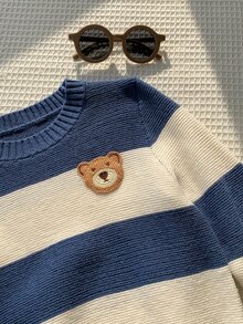 SHEIN Young Boys Cartoon Bear Kids Striped Pattern Crew Neck Long Sleeve Pullover Autumn Sweater - Multicolor - View 4