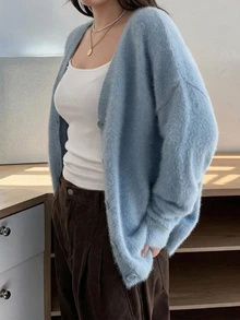 Dazy Plus Solid Color Loose V-Neck Long Sleeve Casual Vacation Elegant Girl Sweater Autumn/Winter Knit Cardigan - Baby Blue - View 2