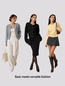 SHEIN BASICS 女款秋冬休閒純色開襟羊毛衫 - 深灰色 - 查看 9
