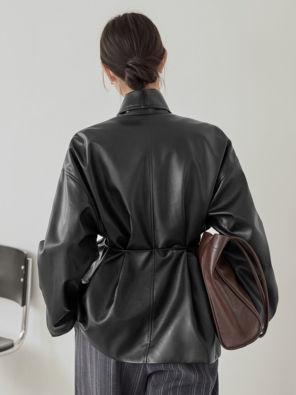 Women's Fashion Versatile Long Sleeve Pocket PU Material Jacket