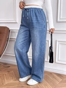 SHEIN Maternity Drawstring Waist Contrast Pocket Denim Jeans Cowgirl Outfit For Women Country Office Outfits For Women - Blue - View 7