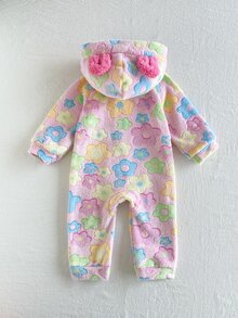 SHEIN Baby Girl Toddler Fuzzy Jumpsuit Cute Funny Pink Colorful 3D Ears Floral Long Sleeve Hooded Thick Birthday Winter Halloween Autumn Zipper - Multicolor - View 3