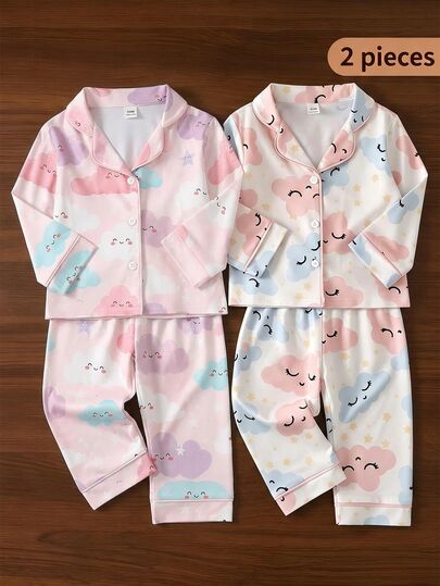 SHEIN Conjunto de 2 Peças Roupa de Ficar em Casa para Bebê Menina, Cardigan de Tricô de Manga Longa com Estampa de Nuvem, Estrela e Desenho Animado, Doce, Fofo, Elegante, Macio, Confortável e Amigável à Pele, Casual para o Dia a Dia, Top e Calça