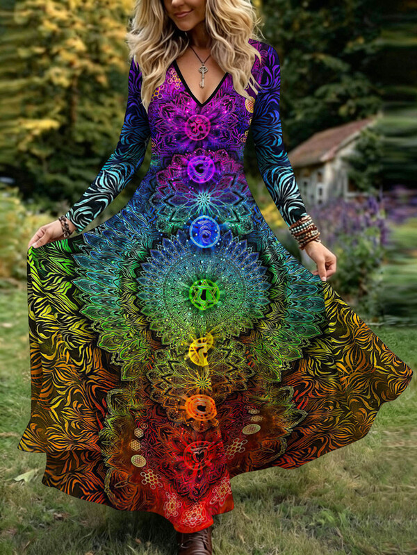 Breezaya Vestido de Estilo Bohemio Talla Grande para Mujer - Vestido con Estampado Multicolor, Diseño de Cuello en V, Vestido de Fiesta de Manga Larga, Elegante Estilo Bohemio, Adecuado para Bodas, Festivales, Vacaciones, Playas y Fiestas