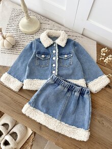 Baby Girl Autumn/Winter Blue Denim Fleece Trim Loose Short Jacket & Skirt 2-Piece Set - Blue - View 3
