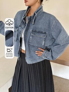 Dazy Plus Jaket Denim Vintage dengan Resleting Depan, Kantong Longgar, Kerah Tegak, Lengan Panjang, Cocok untuk Musim Semi, Musim Panas, dan Musim Gugur. - Medium Wash - View 2