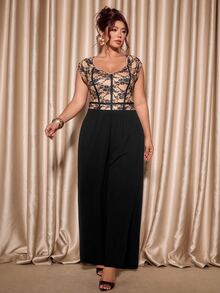 Cravure Women's V-Neck Lace Pattern Print Fashion Youthful Slimming Plus Size Jumpsuit, Summer - Black - View 3