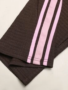 SHEIN Teen Girls Spring Autumn Brown Knitted Textured Fitted Ruched Crew Neck Pink Ribbon Trim Long Sleeve T-Shirt And Wide Leg Pants 2 Pieces Set, Suitable For Autumn Winter Layering - Brown - View 8