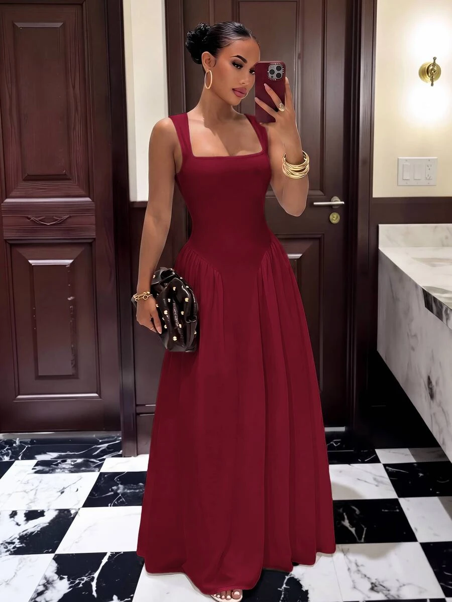 Slaydiva Summer Vacation Elegant Square Neck Fitted Flare Skirt White Long Dress - Burgundy - View 1