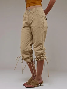 MUSERA Khaki Utility Ruched Leg Tie Capri Pant Summer Autumn Everyday Date Night Holiday Vacation Dazed - Khaki - View 4