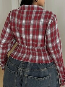 POPSWAY Autumn New Red Plaid Casual Cinched Waist Back Gathered Design Plus Size Shirt, Suitable For Daily Outfits - Red - View 3