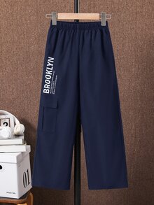 SHEIN 兒童青少年男孩休閒字母印花日常舒適工裝口袋直筒寬鬆長褲 - 藏蓝色 - 查看 3
