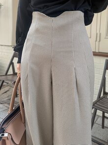 FRIFUL 女款百褶寬腿寬鬆優雅法式休閒千鳥格長褲，適合早午餐、商務辦公，黑色格紋秋季款 - 深灰色 - 查看 2