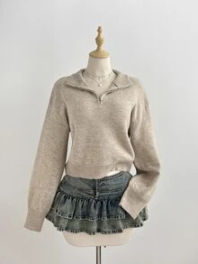 Elamini Sweater Pullover Leher Tinggi Setengah Resleting untuk Wanita, Cocok untuk Musim Gugur/Dingin, Mode Santai, Serbaguna, Minimalis, dan Kasual, Cocok untuk Perjalanan Sehari-hari - Khaki - View 4