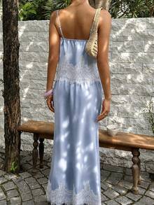 Sunnyshic Women's 2pcs Set Satin Camisole Top & Lace Long Skirt - Blue - View 2