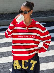 Muchica Women's Autumn/Winter New Casual Loose Red Striped Letter Embroidered Polo Collar Sweater - Red - View 1