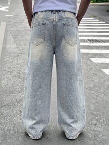 Genkimix Kids Denimly 青少年男孩休閒日常都市街頭直筒牛仔褲，彈性腰頭、拉鍊門襟、破洞設計 - 淺色水洗藍 - 查看 2