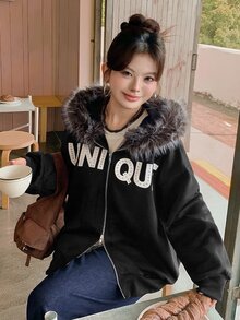 Dazy Plus Plus Size Thermal Lined Thick Letter Print Patchwork Fur Collar Hooded Sweatshirt, Autumn/Winter Streetwear Casual Design - Black - View 8