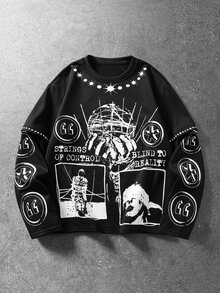 ROMWE MEN Men's Abstract Dark Portrait Print Street Visual Style Long Sleeve T-Shirt - Black - View 1