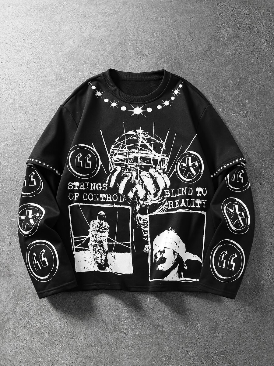 ROMWE MEN Men's Abstract Dark Portrait Print Street Visual Style Long Sleeve T-Shirt - Black - View 1