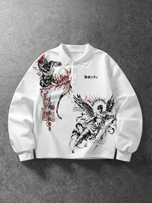 ROMWE MEN Men's Japanese Culture Art Print Snake Pattern Angel Street Casual Loose Fit Polo Shirt - White - View 1