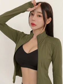 DAZY 女款純色彈性小立領修身長袖夾克，運動休閒，春秋款 - 軍綠色 - 查看 3