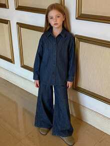DAZY Tween Girl Loose Casual Long Sleeve Shirt Top + Straight Leg Loose Denim Pants Set Fall - Dark Wash - View 3