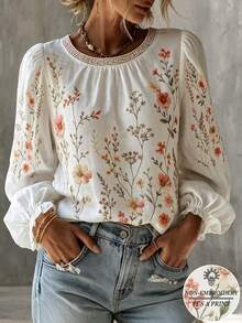 Trelyra Women's Early Autumn French Vacation Pastoral Style Digital Print Ruffle Puff Long Sleeve Round Neck Casual Loose Blouse Top - White - View 1