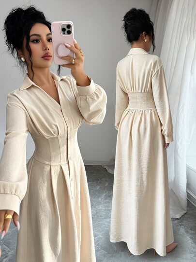 Elenzga Women's Early Autumn New Minimalist Old Money Style Fashion Elegant Daily Gathering Holiday Outfit Casual Commute Commuter Wear Versatile Slim Fit Ruched Design Shirt Collar Apricot Long Sleeve Long A-Line Dress